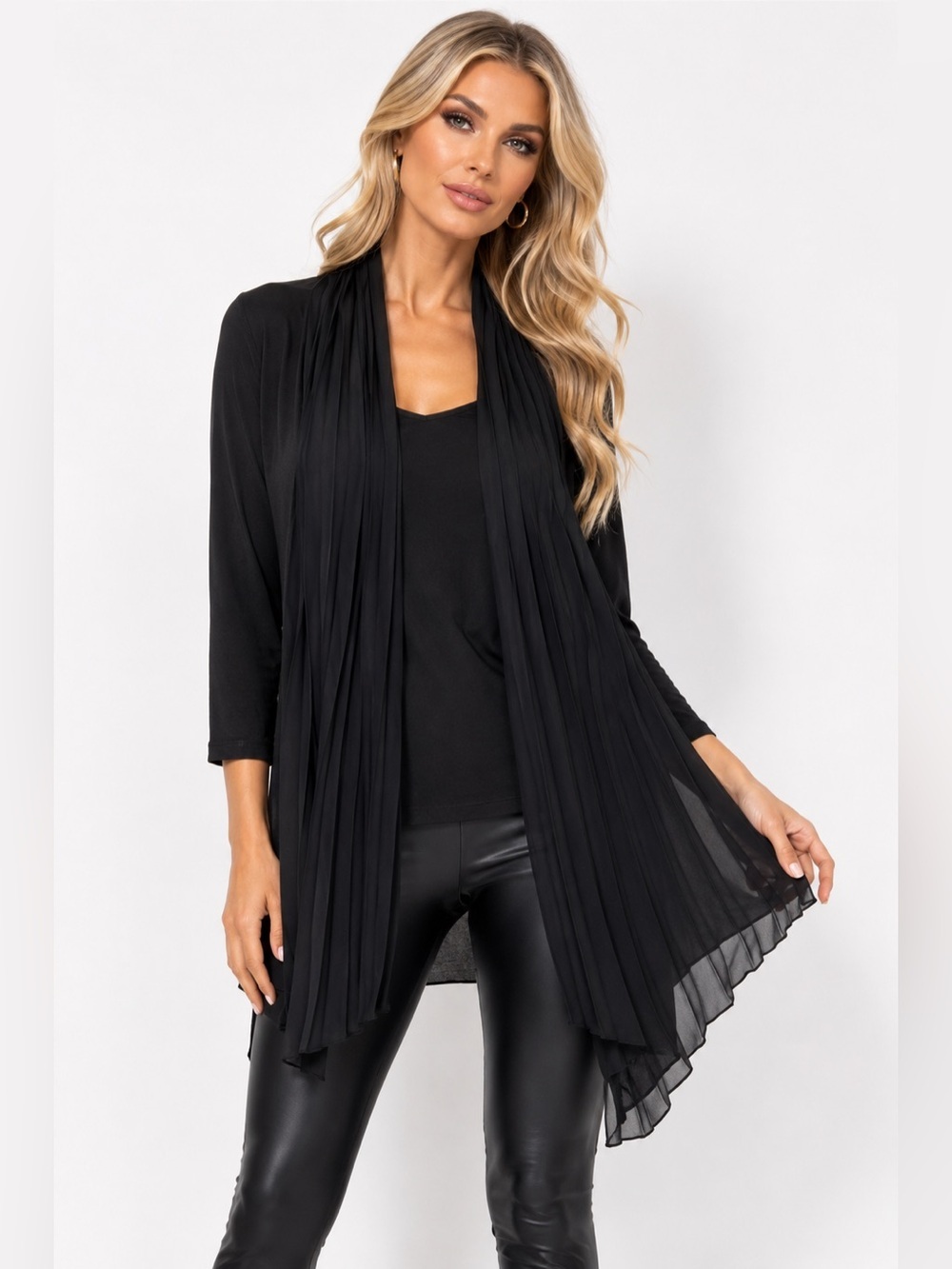 August Silk Size Medium Black Open Front Pleated Drape Cardigan Jacket Top